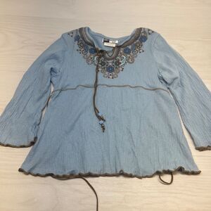 Knit Works Girls Large Long Sleeve Cute Boho Ruffle Shirt Y2k School Blue